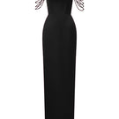 Black taffeta off-shoulder corset gown with embellishments, designed by I.H.F Studio, featuring a fitted bodice and flowing skirt.