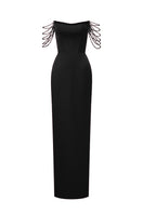 Black taffeta off-shoulder corset gown with embellishments, designed by I.H.F Studio, featuring a fitted bodice and flowing skirt.