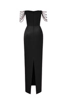 Black taffeta off-shoulder corset gown with embellishments by I.H.F Studio, featuring a fitted bodice and flowing skirt.