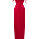 Red taffeta off-shoulder corset gown by I.H.F Studio featuring embellishments and elegant design.