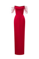 Red taffeta off-shoulder corset gown by I.H.F Studio featuring embellishments and elegant design.