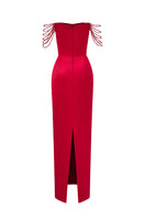 Red taffeta off-shoulder corset gown with embellishments by I.H.F Studio, featuring a fitted bodice and flowing skirt.