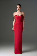 Red taffeta off-shoulder corset gown with embellished details, designed by I.H.F Studio, showcased with elegant flowing fabric.