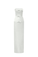 Light gray taffeta column gown by I.H.F Studio from the CULT MIA X I.H.F collection, shown on a dress form.