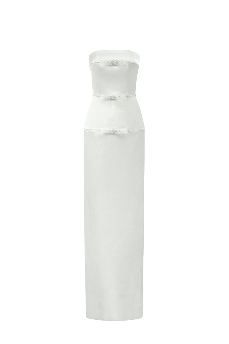 Light gray taffeta column gown by I.H.F Studio from the CULT MIA X I.H.F collection, shown on a dress form.