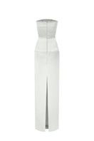 Light gray CULT MIA X I.H.F Studio taffeta column gown, elegant full-length dress with smooth fabric and sophisticated silhouette.