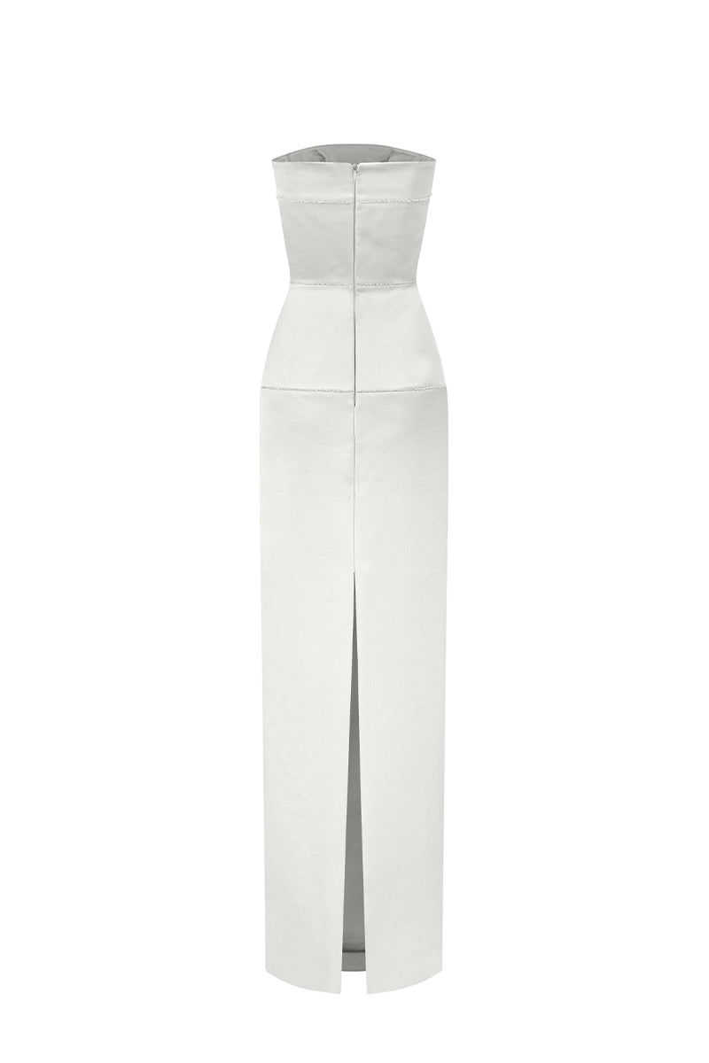 Light gray CULT MIA X I.H.F Studio taffeta column gown, elegant full-length dress with smooth fabric and sophisticated silhouette.