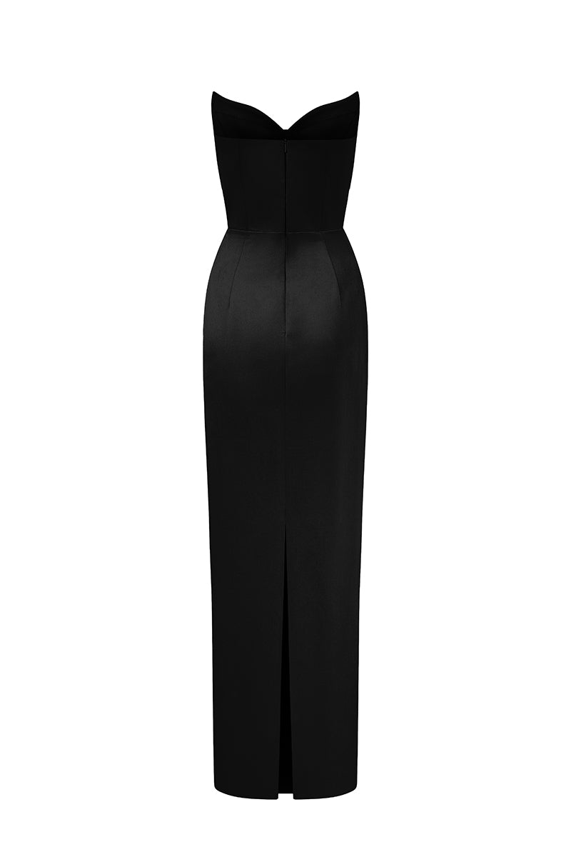 Black Lotus Taffeta Bustier Column Gown by I.H.F Studio, elegant strapless evening dress with fitted silhouette.