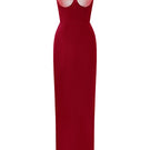 Red Lotus Taffeta bustier column gown by I.H.F Studio, featuring elegant fabric and fitted silhouette.
