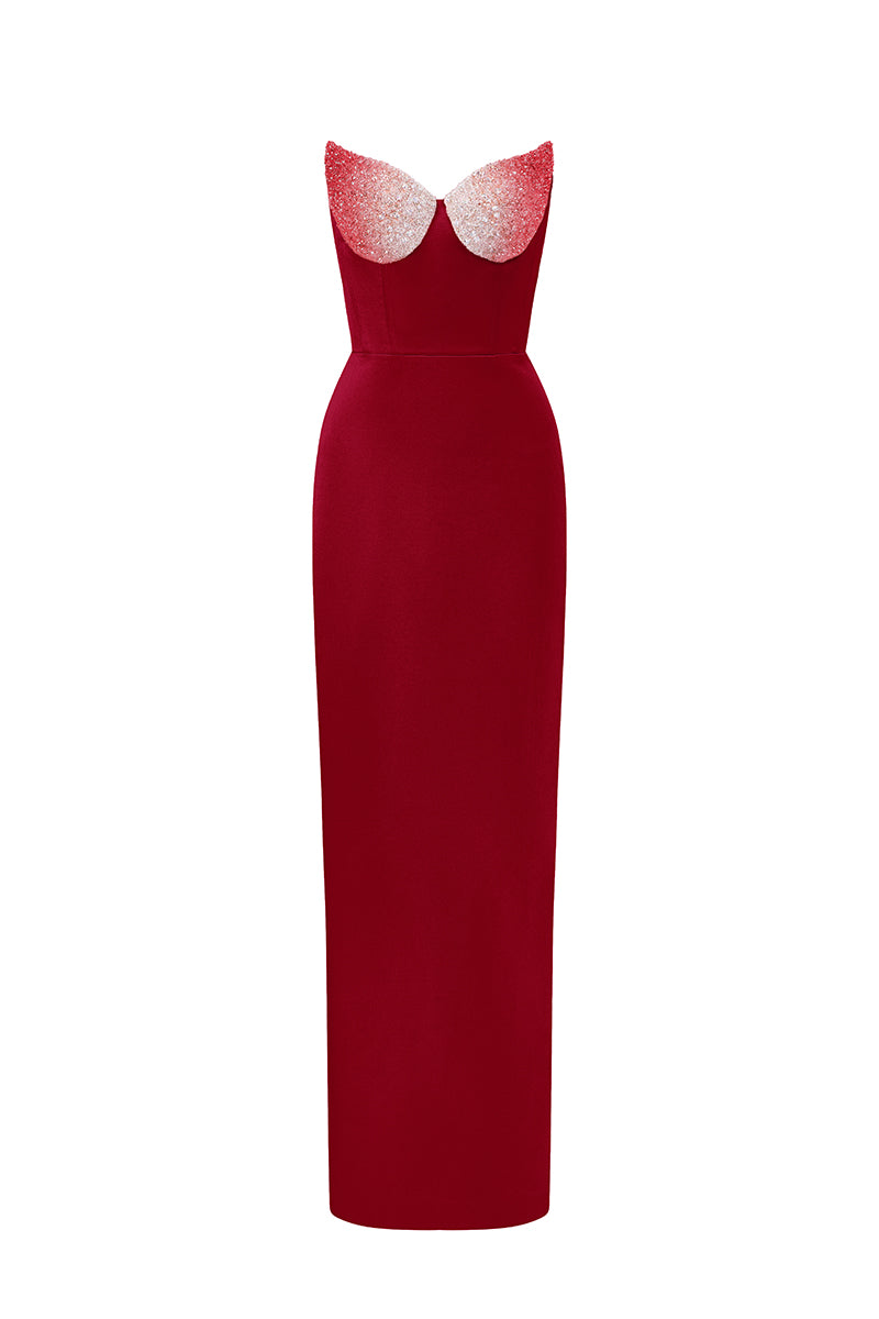 LOTUS TAFFETA BUSTIER COLUMN DRESS IN RED - CULT MIA