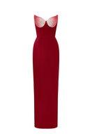 Red Lotus Taffeta bustier column gown by I.H.F Studio, featuring elegant fabric and fitted silhouette.