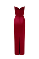 Red Lotus Taffeta bustier column gown by I.H.F Studio, featuring a sleek, elegant silhouette with intricate detailing.
