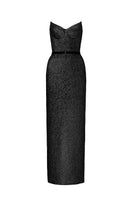 Black Lotus Jacquard Column Dress by I.H.F Studio, elegant gown with intricate jacquard pattern, full-length design, and sleek silhouette.