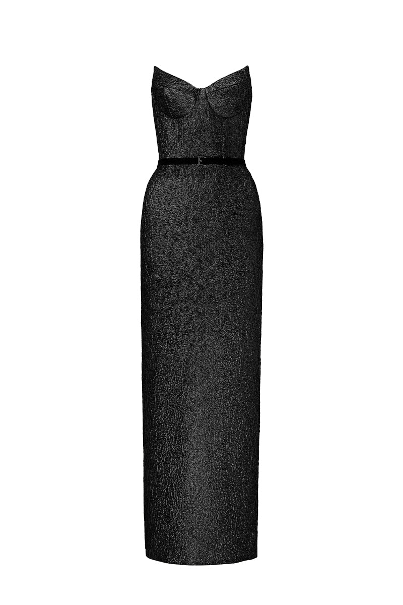 Black Lotus Jacquard Column Dress by I.H.F Studio, elegant gown with intricate jacquard pattern, full-length design, and sleek silhouette.
