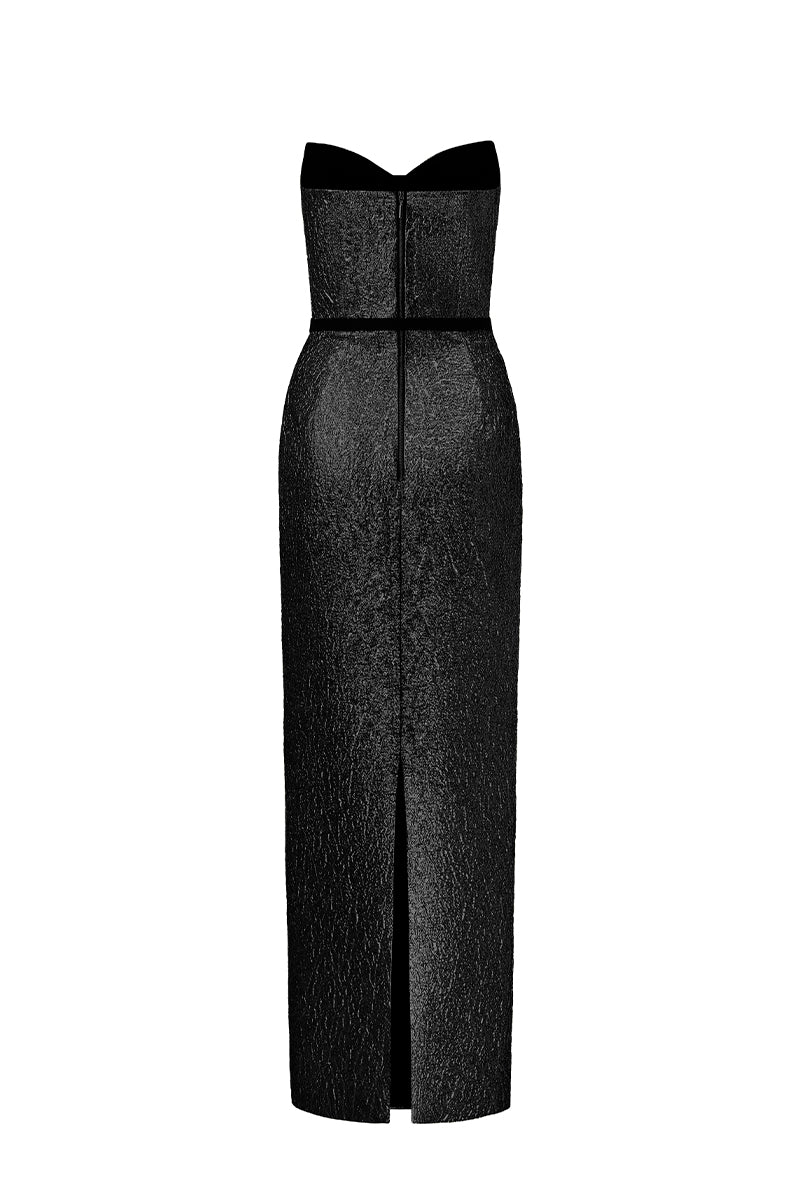 Black lotus jacquard column gown by I.H.F Studio featuring intricate woven fabric and elegant, floor-length design.