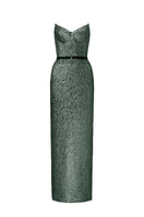 Green Lotus Jacquard Column Dress by I.H.F Studio featuring intricate woven pattern and elegant gown silhouette.
