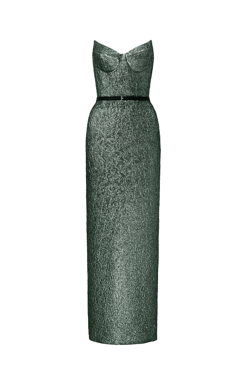 Green Lotus Jacquard Column Dress by I.H.F Studio featuring intricate woven pattern and elegant gown silhouette.