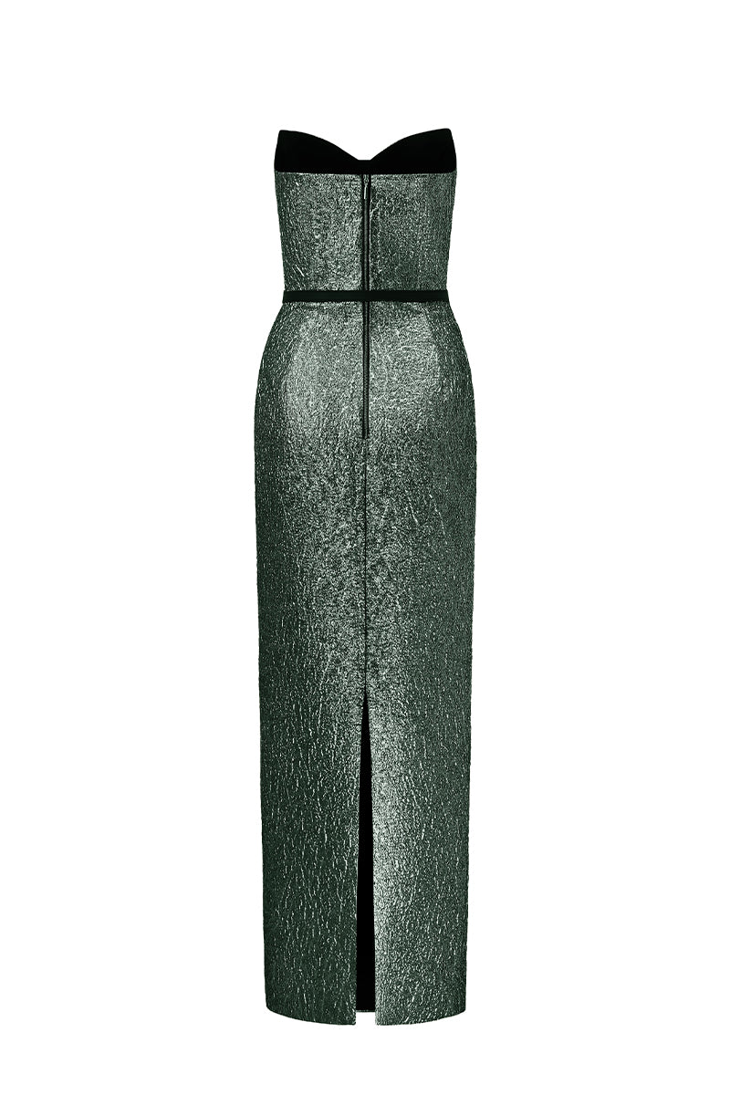 Green Lotus Jacquard Column Dress by I.H.F Studio featuring a sleek maxi dress with intricate jacquard fabric design.