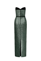 Green Lotus Jacquard Column Dress by I.H.F Studio, elegant gown featuring intricate jacquard fabric and a sleek column silhouette.