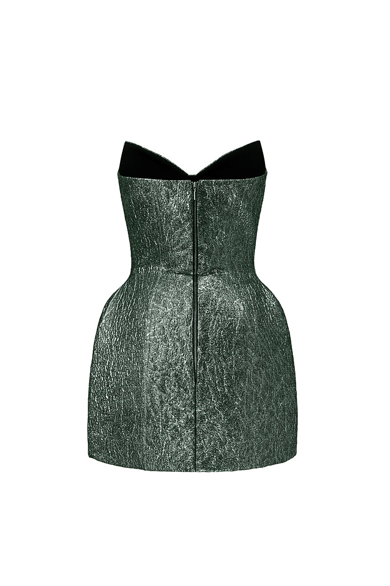 Green Lotus Jacquard mini column dress by I.H.F Studio, featuring intricate fabric design and fitted silhouette.