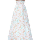 Light blue clustered floral brocade and light brown silk taffeta A-line gown by I.H.F Studio, detailed floral pattern and elegant fabric.