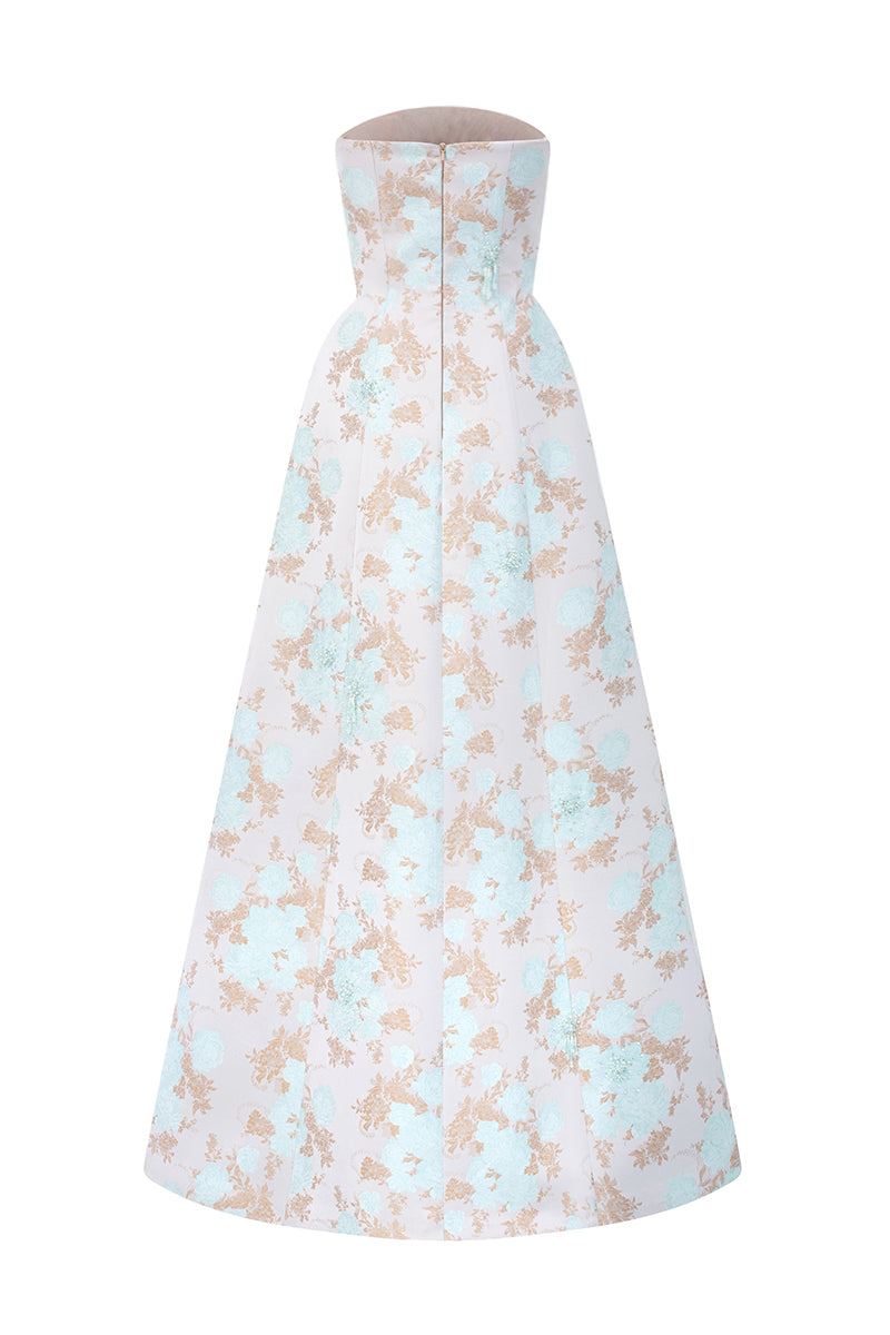 Elegant A-line gown by I.H.F Studio featuring clustered brown and blue floral brocade with silk taffeta fabric.