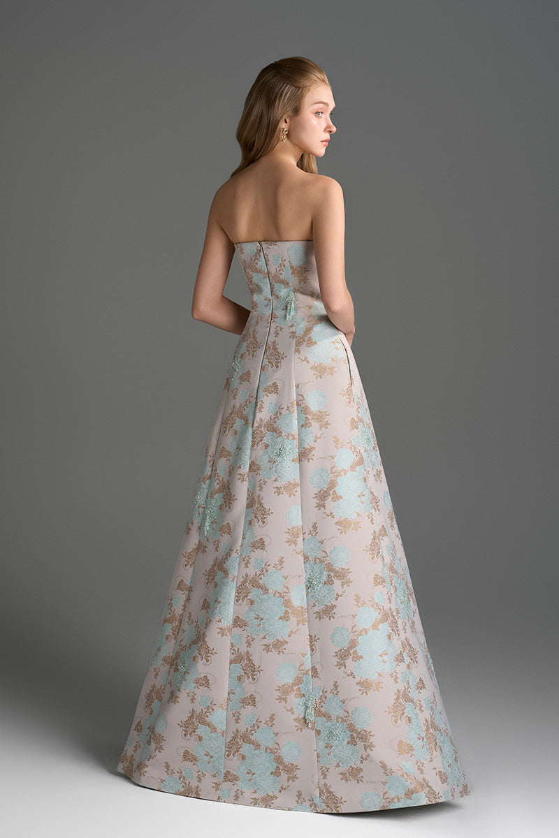 Light blue floral brocade and light brown silk taffeta A-line gown by I.H.F Studio, featuring intricate clustered flower patterns.