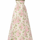 Light pink and green floral brocade and silk taffeta A-line gown by I.H.F Studio featuring clustered floral patterns.