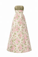 Light pink and green floral brocade and silk taffeta A-line gown by I.H.F Studio featuring clustered floral patterns.