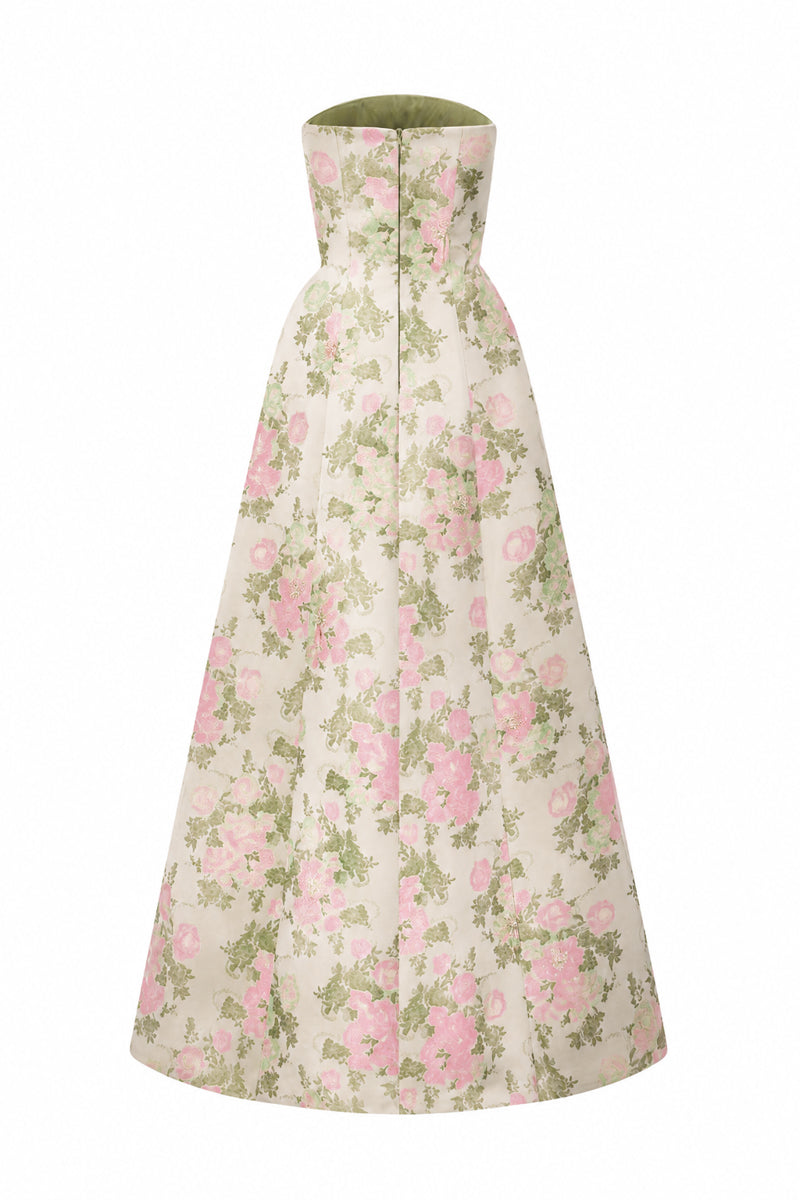 Light pink floral brocade and silk taffeta A-line gown by I.H.F Studio featuring clustered green and pink floral patterns.