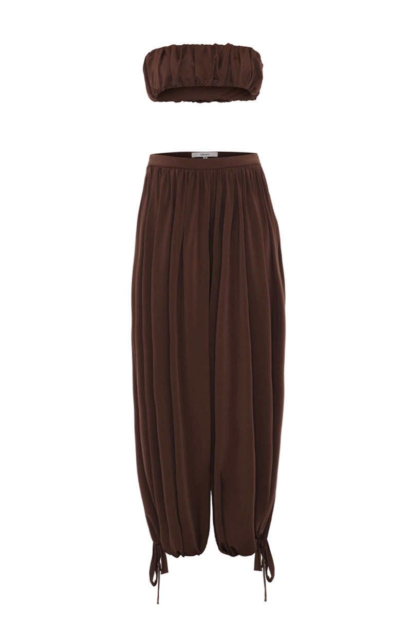 AWAVE draped harem pants and ruched strapless top co-ords set, featuring flowing fabric and stylish design.