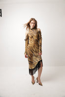 Junie Cabo Dress, stylish midi dress with flowing fabric and elegant design, perfect for casual or semi-formal occasions.