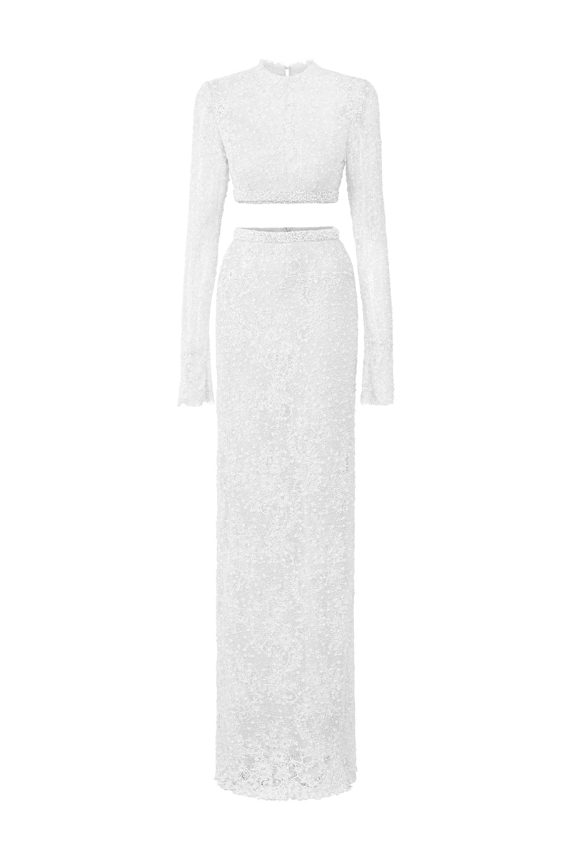 SEQUIN MESH LACE TOP AND SKIRT SET IN WHITE - CULT MIA