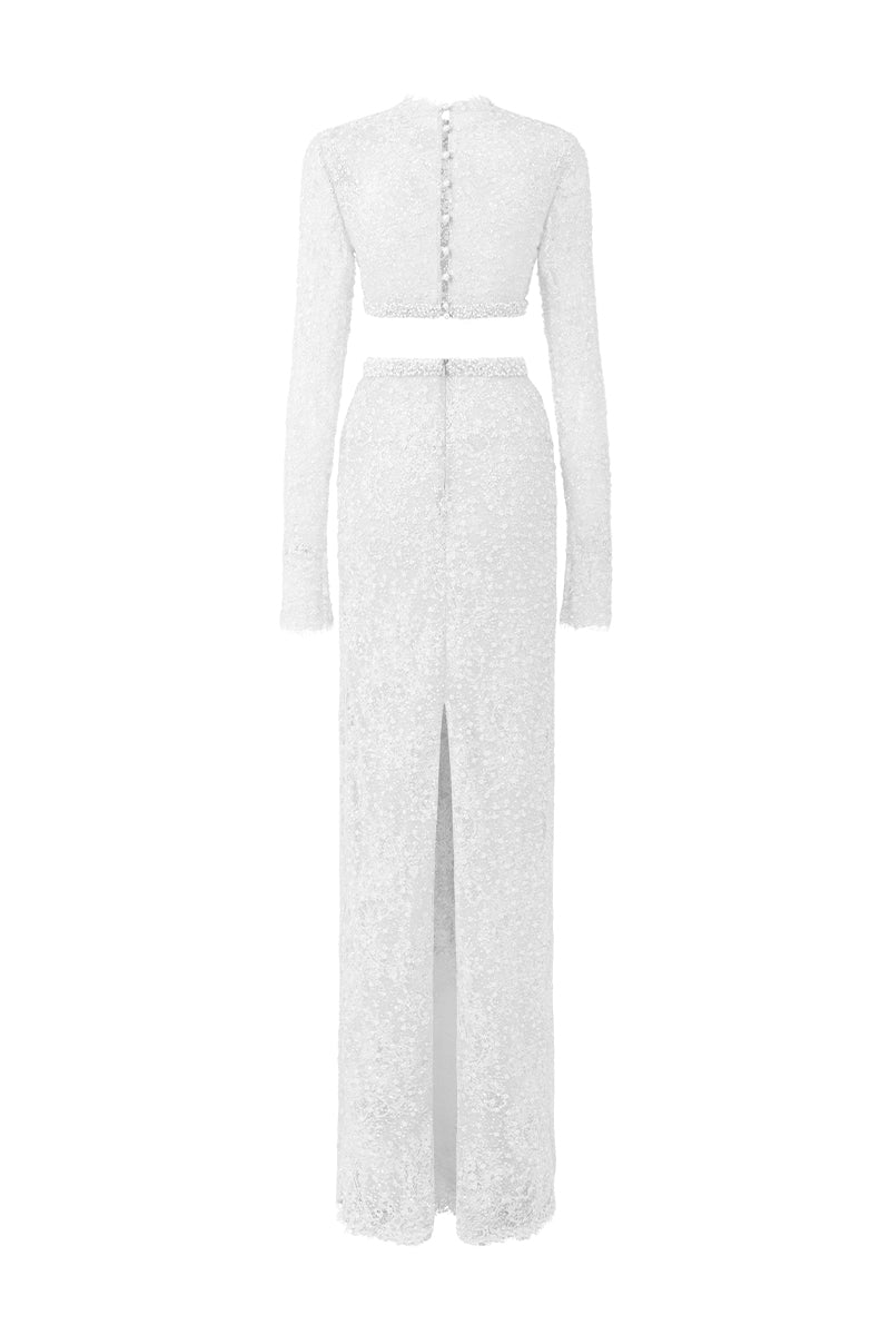 White sequin mesh lace co-ord set by I.H.F Studio featuring a fitted top and matching skirt with intricate lace details.