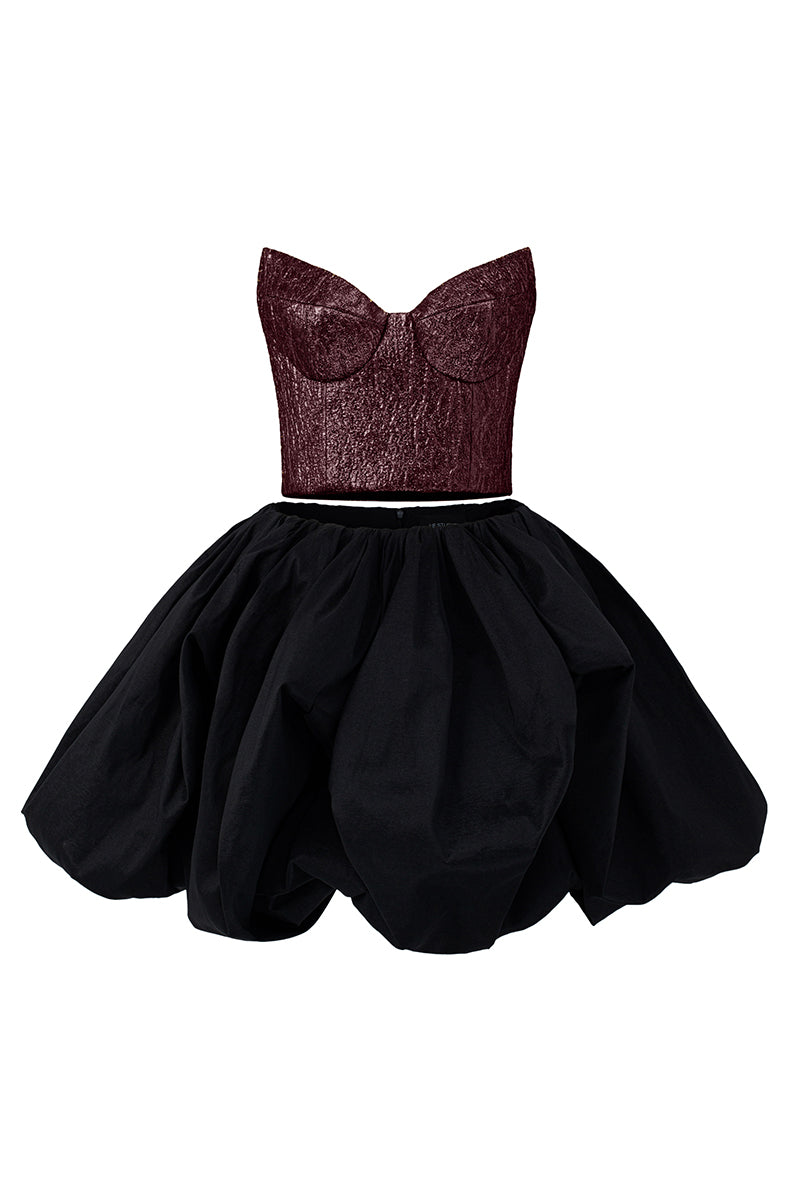 I.H.F Studio Lotus jacquard bustier top and taffeta bubble skirt co-ords set, featuring intricate jacquard pattern and stylish silhouette.