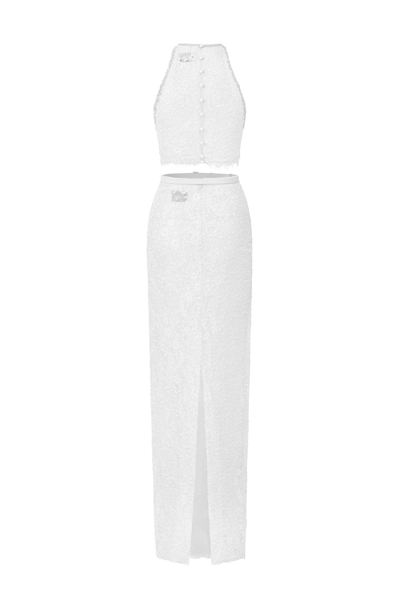 White halter mesh lace top and skirt set by I.H.F Studio, featuring a stylish coordinated lingerie-inspired look.