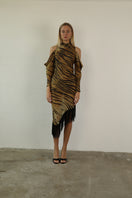 Junie Cabo Dress midi dress with a fitted bodice and flowing skirt, shown from the front in a stylish, elegant design.