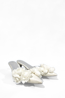 Christin Wu Camelia Cream Bloom Heels featuring floral design and elegant style, with a cream-colored heel and intricate details.