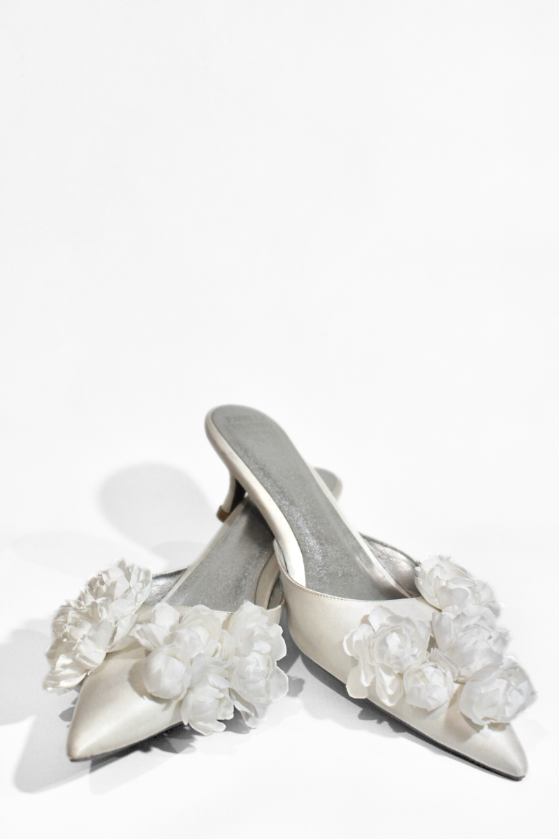 Christin Wu Camelia Cream Bloom Heels featuring floral design and elegant heel height, perfect for stylish occasions.