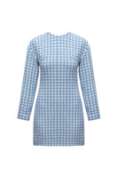 Sky blue tweed mini dress by UNDRESS, featuring a stylish tailored fit and classic design, perfect for a chic daytime look.