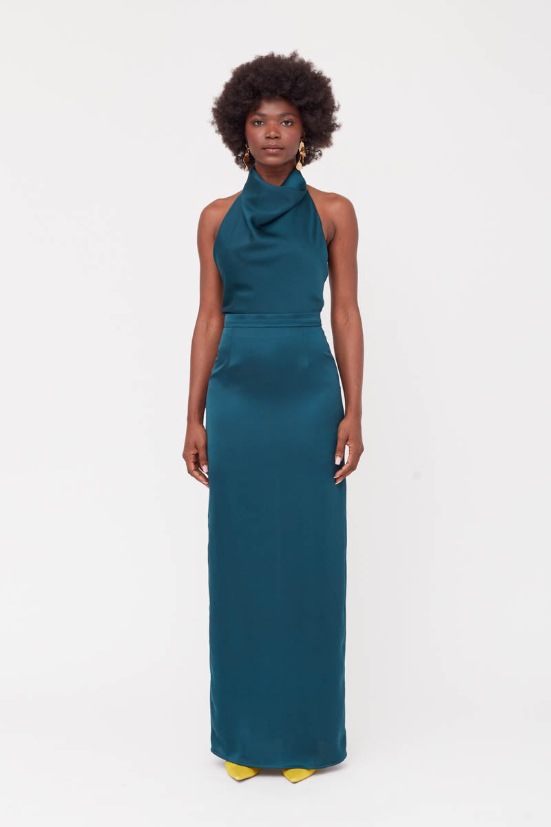 CASANDRA BLUE MAXI EVENING DRESS WITH COWL NECK - CULT MIA