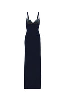 Elegant JC Pajares long gown in double crepe fabric, featuring intricate handmade ceramic cups detail.