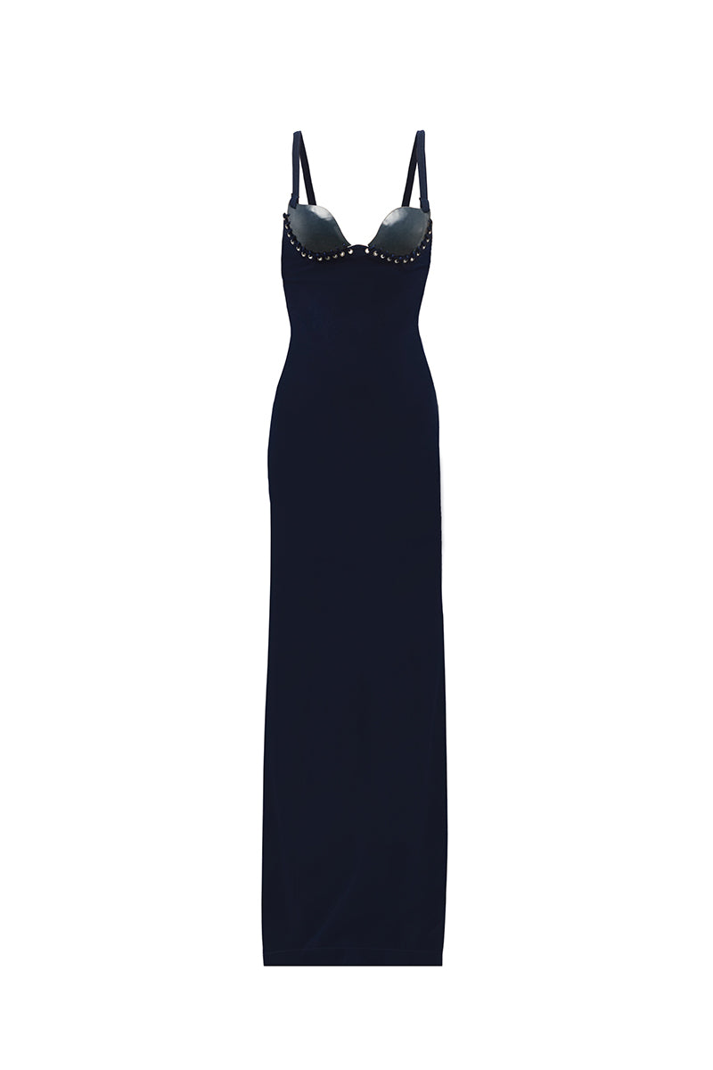 Elegant JC Pajares long gown in double crepe fabric, featuring intricate handmade ceramic cups detail.