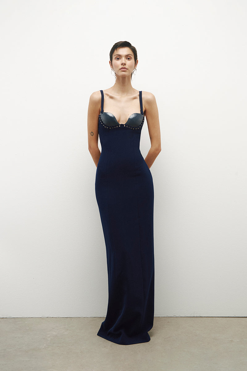 LONG DRESS IN DOUBLE CREPE WITH HANDMADE CERAMIC CUPS