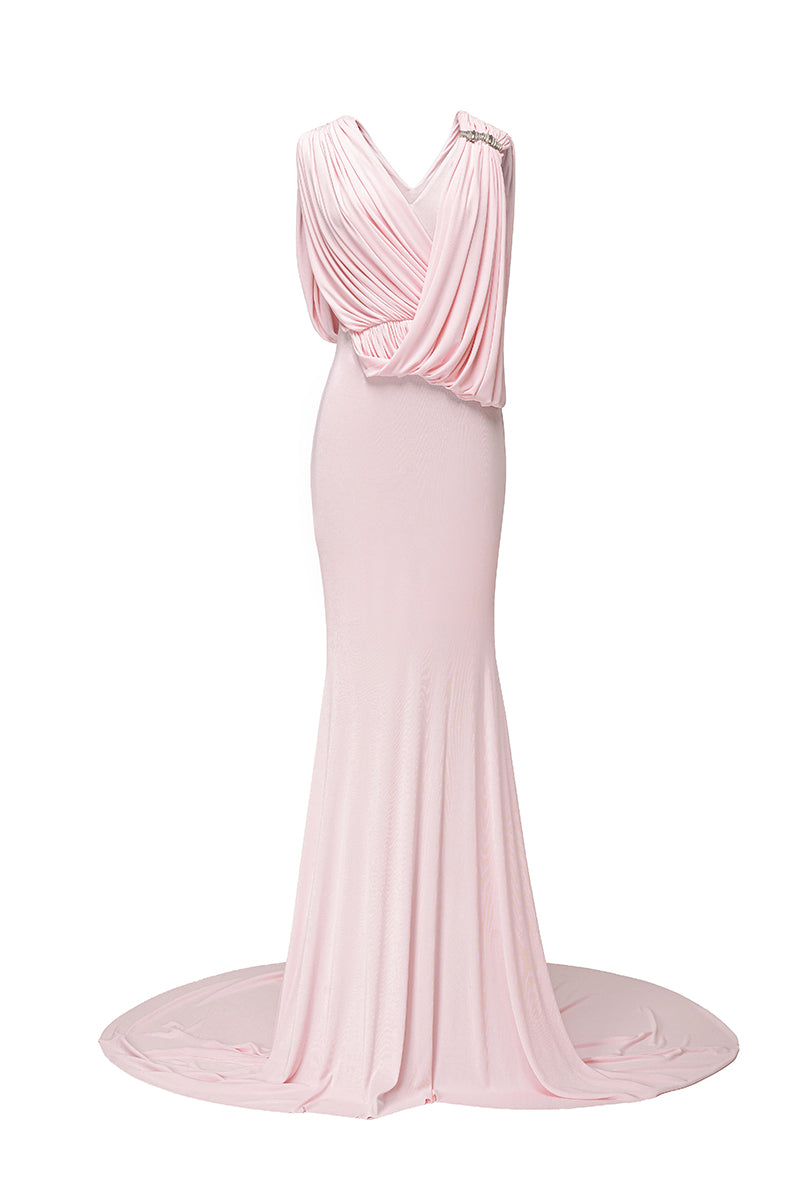 Jenny K Tran Celian gown in soft baby pink, elegant dress with delicate fabric and flowing design, perfect for special occasions.