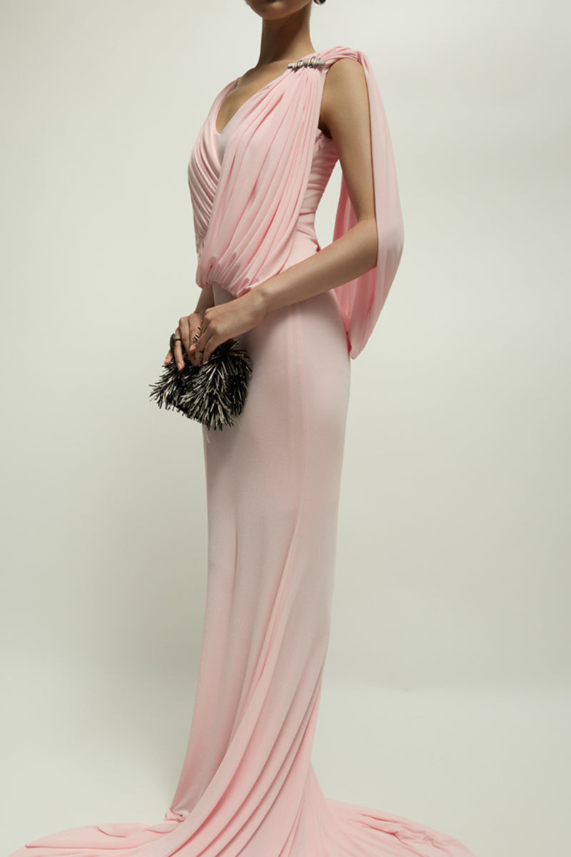 Jenny K Tran Celian dress in baby pink gown with delicate fabric and elegant design, perfect for special occasions.