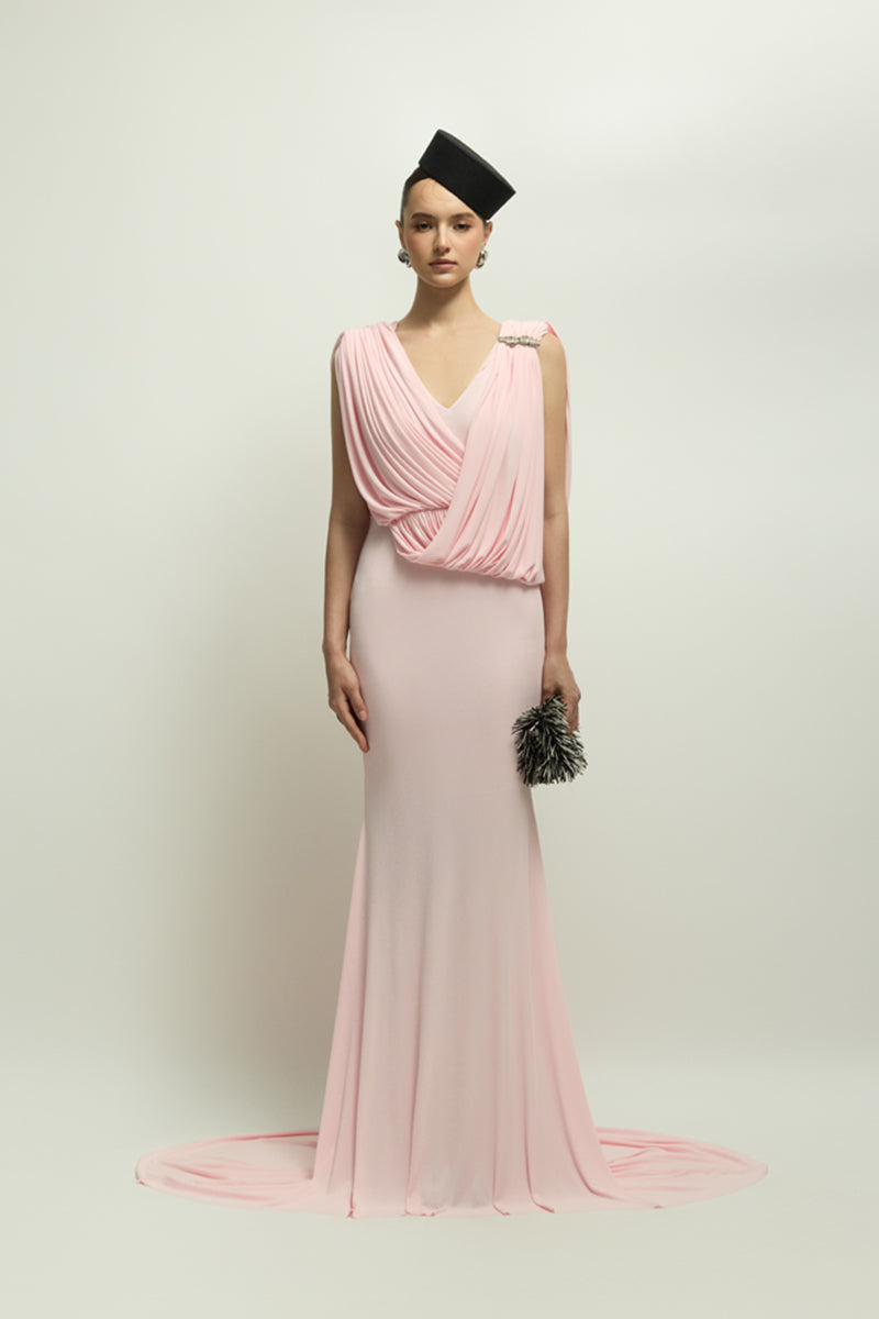 Pink Celian gown by Jenny K Tran featuring elegant draping and soft fabric, perfect for special occasions.