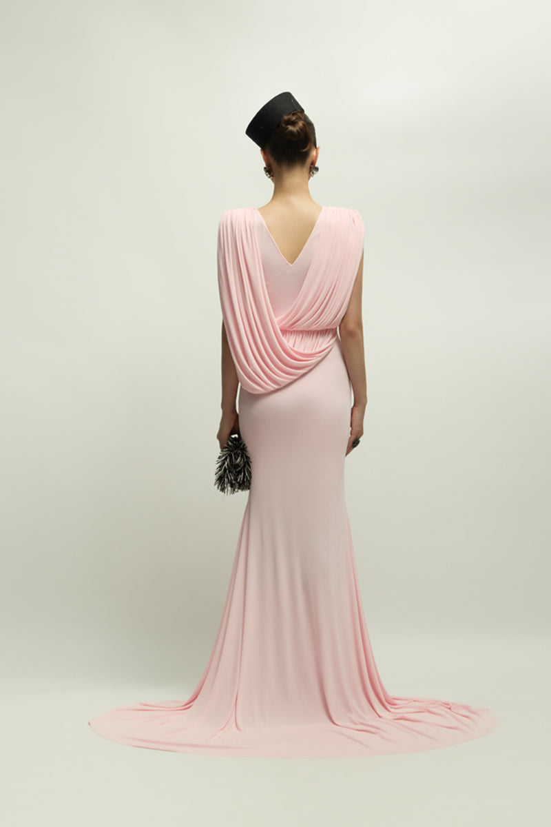 Jenny K Tran Celian pink gown with elegant flowing fabric and delicate design, perfect for formal occasions.
