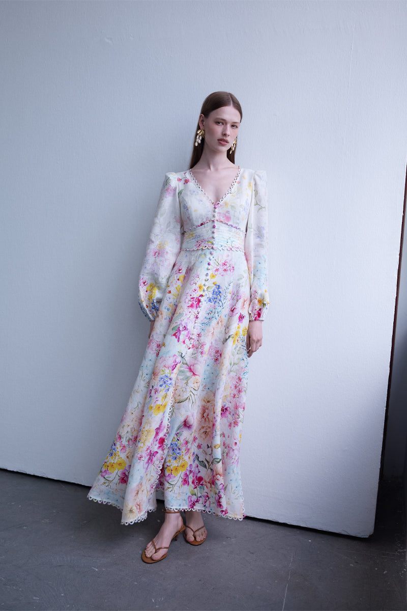 AISA Celina maxi dress featuring a flowing silhouette, sleeveless design, and elegant floral pattern, perfect for summer wear.