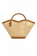 FOLKLORE THE LABEL Cella Camel top handle bag with ghost-style design, featuring a sleek camel-colored leather finish.